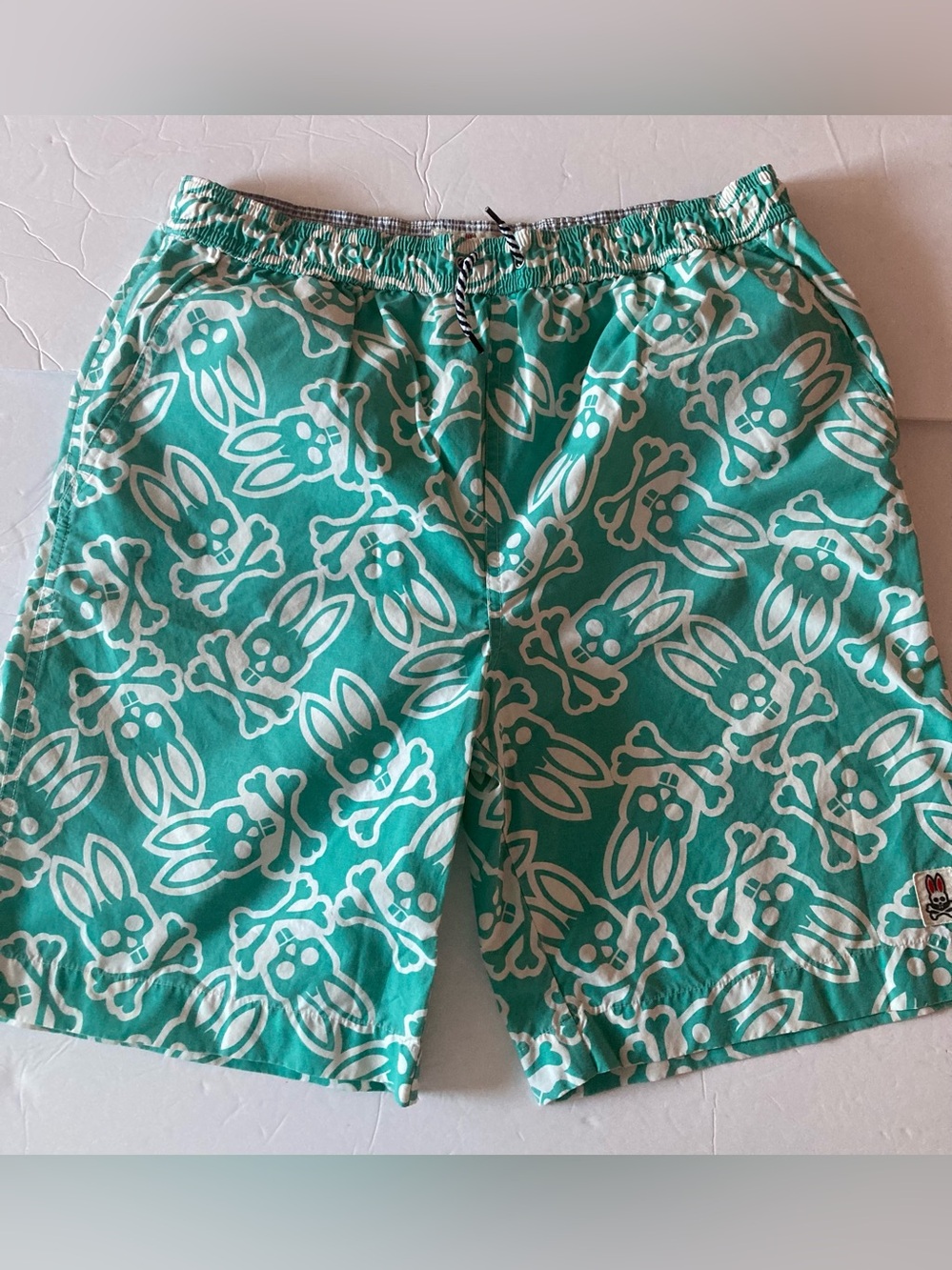 Psycho Bunny SZ XL boys Teal and White Bunny-and-Bones Swim Shorts
